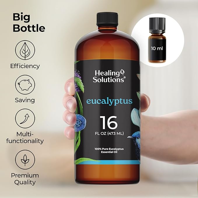 Healing Solutions Eucalyptus Essential Oil - 16oz Pure Bulk Bottle for Diffusers, Home Care, Candles, Aromatherapy - Fragrance Oil Spray