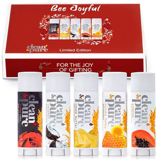 Clean & Pure Australian-Made Moisturizing Lip Balms 100% Natural (Bee Joyful, 5-Pack) and Vitamin E Oil | Flavored Lip Balm for Dry, Chapped Lips | Made in Australia