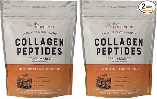 Live Conscious Collagen Peptides Powder - Peach Mango Flavored Collagen Powder - Hair, Skin, Nail, & Joint Support - Type I & III Grass-Fed Collagen Supplements for Women and Men (2-Pack)