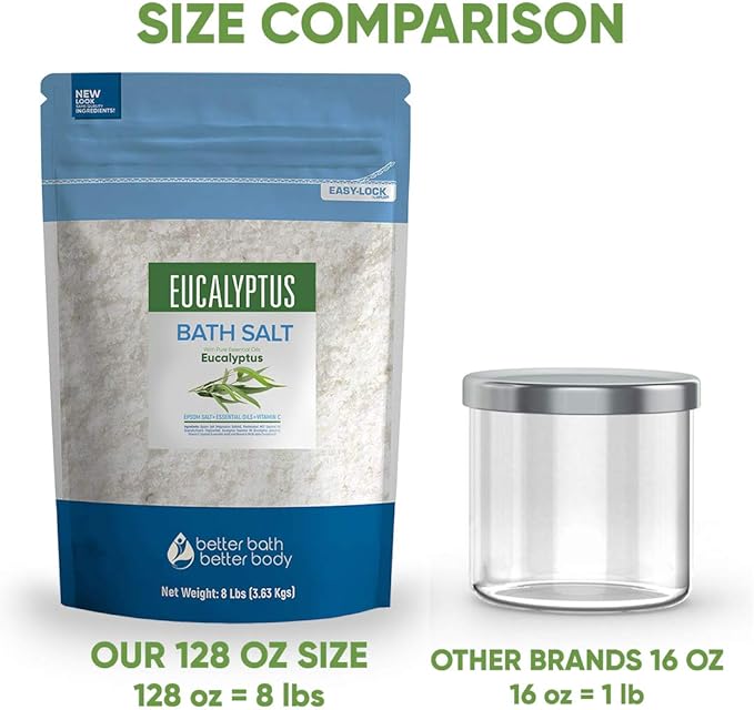 Eucalyptus Bath Salt 128 Ounces (8 Lbs) Epsom Salt with Natural Eucalyptus Essential Oil Plus Vitamin C in BPA Free Bulk Size Pouch with Easy Press Lock Seal Made in USA
