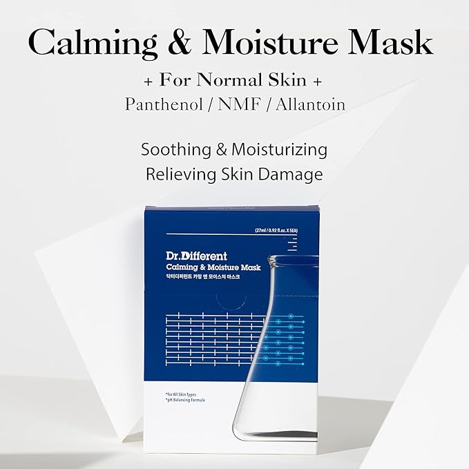 Dr.Different Calming & Moisture Mask 5 Sheets - NMF and Panthenol Hydrating Mask Sheet for Damaged Skin, 100% Cotton Sheet, Soothing for Sensitive Skin