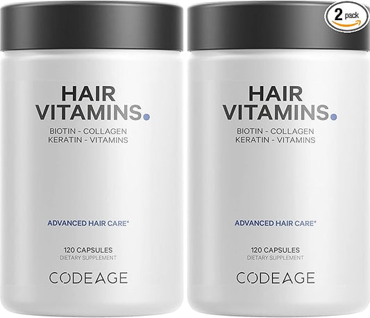Codeage Hair Vitamins 10000 mcg Biotin, Keratin, Collagen, Vitamin A, B12, C, D3, E, Zinc, Turmeric, Probiotics, Enzymes, Inositol - Hair Care Support - Healthy Hair Supplement Pills - 2 Pack
