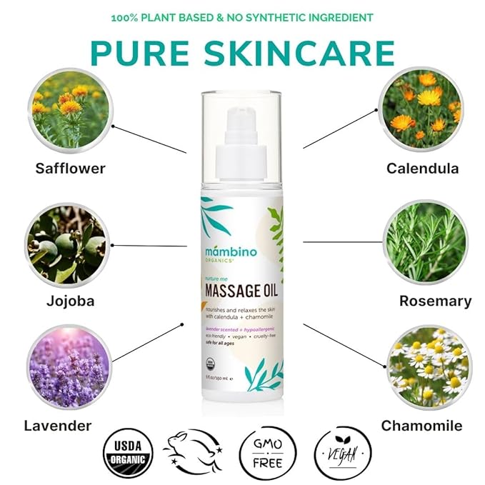 Mambino Organics Massage Baby Oil – Organic, Nourishing with Egyptian Calendula, Chamomile & Lavender – Gentle for After-Bath Relaxing – Cruelty-Free Baby Oils for Baby & Kids, 5 fl oz