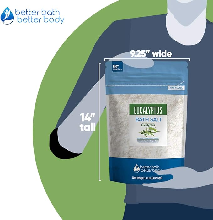 Eucalyptus Bath Salt 128 Ounces (8 Lbs) Epsom Salt with Natural Eucalyptus Essential Oil Plus Vitamin C in BPA Free Bulk Size Pouch with Easy Press Lock Seal Made in USA