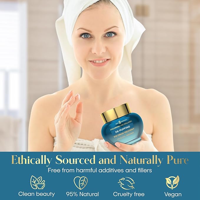 Hyaluronic Acid & Collagen De-Puffing Eye Cream - Reduces Under Eye Bags & Dark Circles, Hydrates - Dermatologist Tested, Korean Skin Care for All Skin Types - 1.0 Fl. Oz