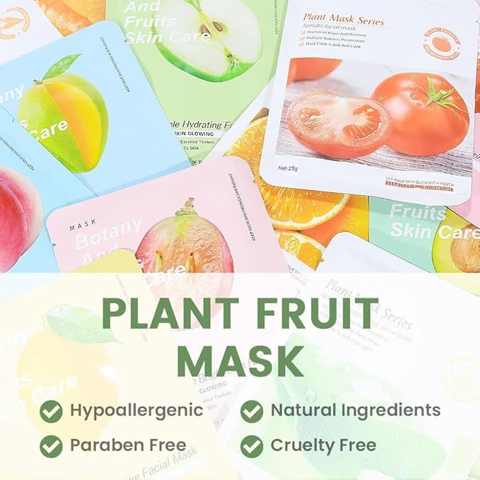 12 Pack Various Fruits Face Sheet Mask Skincare,Hydrating Face Mask For Sensitive Skin,Moisturize,Soothing,Nourish for All Skin Types,Natural Spa Party Facial Mask Skincare Set for Women Men Girls