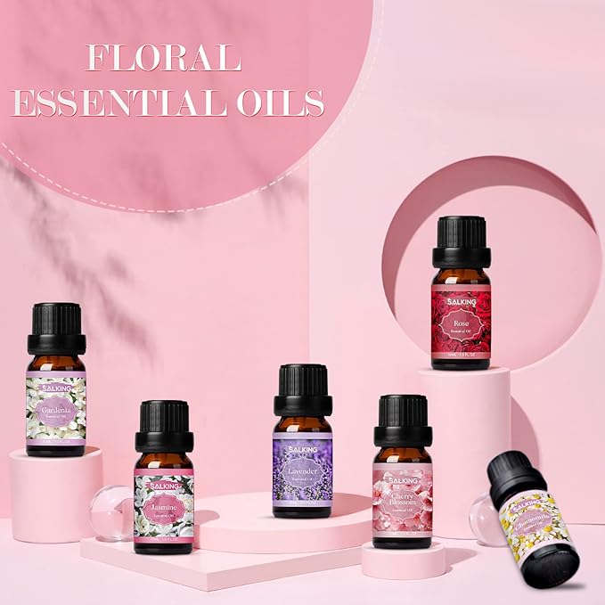 SALKING Floral Essential Oils Set, Premium Pure and Natural Essential Oils, Fragrance Oil Scented Oils for Oil Diffusers 6 x 10 ML - Lavender, Rose, Jasmine, Cherry Blossom, Gardenia, Chamomile