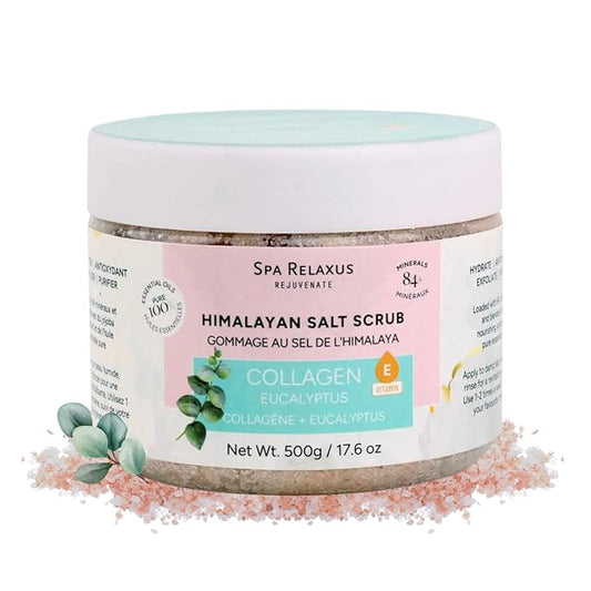 Spa Relaxus Himalayan Salt Scrub with Collagen 17.6 oz Jar, Rejuvenating Hydrating Salt Scrub with 84+ Minerals, Vitamin E, Jojoba Oil and Essential Oils (17.6 oz, Eucalyptus)
