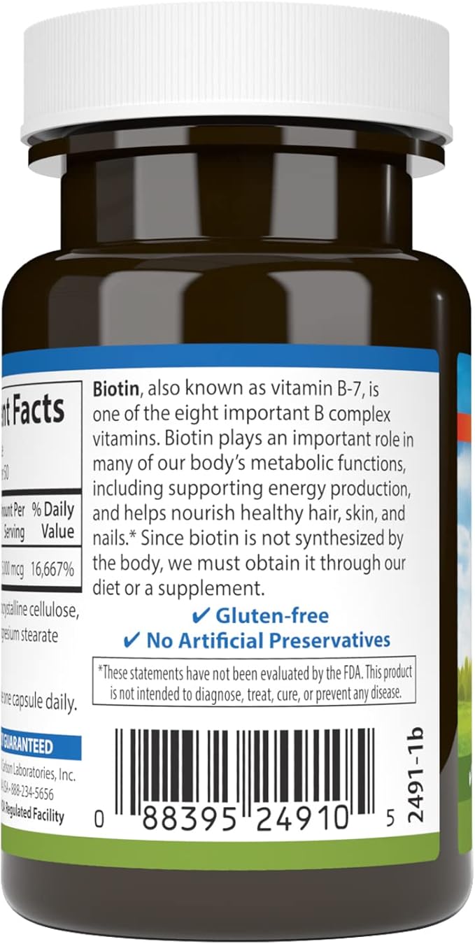 Carlson - Biotin, 5000 mcg, Healthy Hair, Strong Nails & Energy Production, 50 Capsules