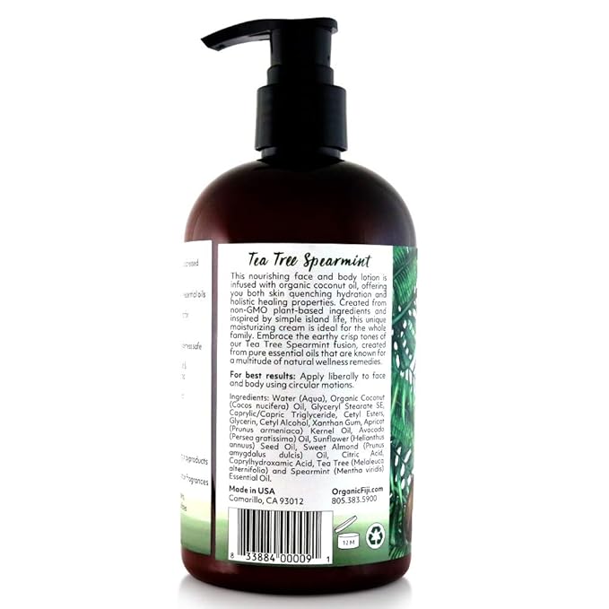 Coco Fiji Face & Body Lotion Infused With Coconut Oil | Lotion for Dry Skin | Moisturizer Face Cream & Massage Lotion for Women & Men | Tea Tree Spearmint 12 oz, Pack of 3