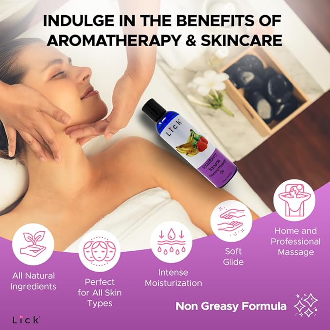 Lick Strawberries and Bananas Duo Massage Oil – Fruity, Edible, Lightweight, Body Safe, 4 oz