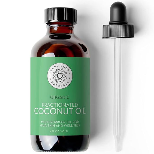 Pure Body Naturals Organic Fractionated Coconut Oil for Skin and Hair, 4 fl oz - Liquid Carrier Oil for Diluting Essential Oils, Hair Growth & Skin Moisturizer