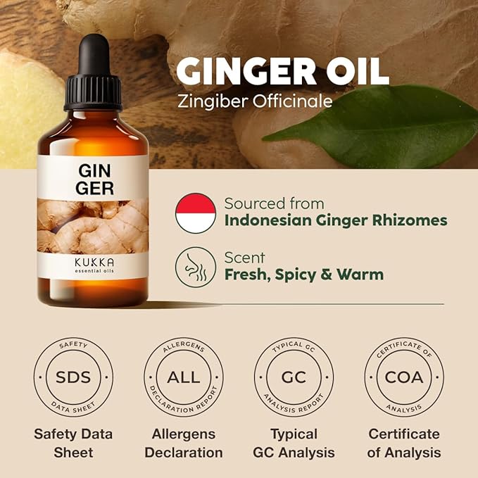 Kukka Ginger Essential Oil for Hair Skin & Massage - 4 Fl Oz - 100% Pure Natural for Soap Making Scent DIY, Spicy, Warming Scent, Nutrient Rich for More Healthy & Vibrant Lifestyle