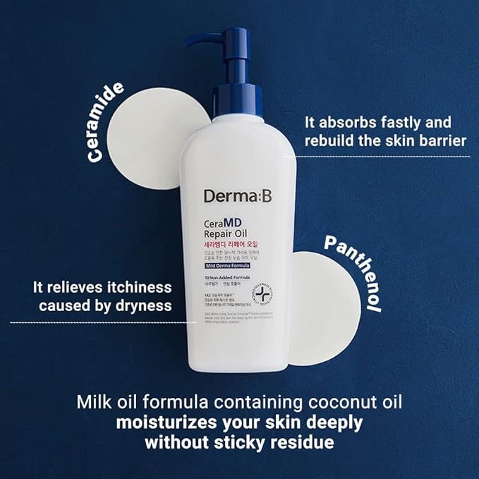 Derma B CeraMD Repair Oil 200ml, Unscented Fragrance Free Lightweight Fast Absorbing Soften Moisturizing Body Oil with Coconut Oil Milky Formula for Dry Sensitive Itchy Skin without Greasy