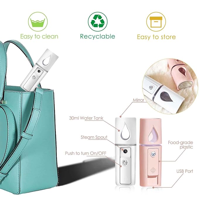 GIVERARE 2 Pack Nano Facial Steamer, Handy Mini Mister with Mirror, USB Rechargeable Mist Sprayer, Visual Water Tank Moisturizing&Hydrating for Face, Makeup, Skin Care, Eyelash Extensions-White