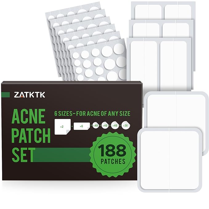 Pimple Patches (6 Sizes 188 Patches), Acne Patches for Large Zit Breakouts, Hydrocolloid Bandages for Face, Chin, Nose, Forehead, Body, Back, Neck & Chest, Round, Rectangle and Square Hydrocolloid
