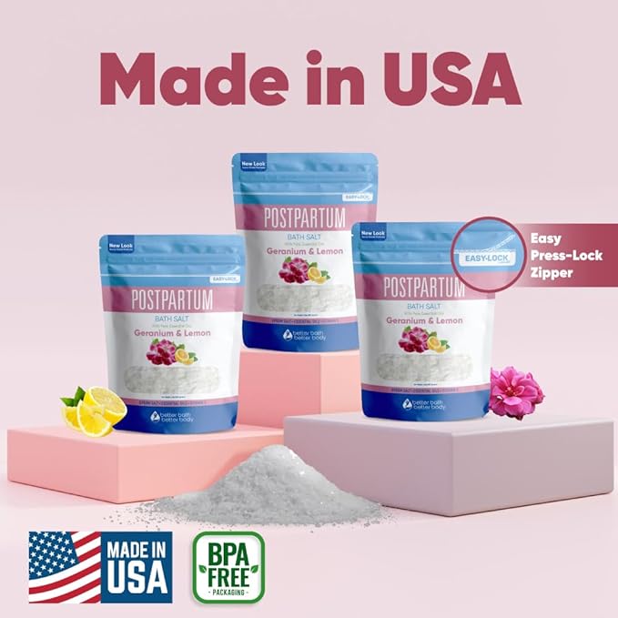 Postpartum Bath Salt (3 Pack with Scoop) Postpartum Bath Soaks USP Grade Epsom Salt with Pure Essential Oils in BPA Free Pouch with Press Lock Seal Made in USA Three 2 Lbs Pouches 6 Lbs Total