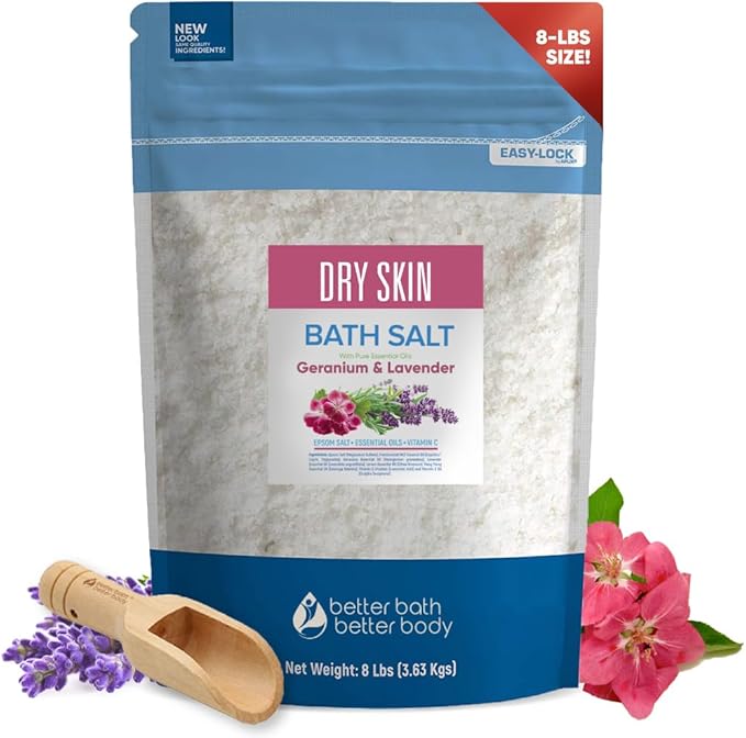 Dry Skin Bath Salt 128 Ounces Epsom Salt with Natural Geranium, Lavender, Ylang Ylang, and Lemon Essential Oils Plus Vitamin C in BPA Free Pouch with Easy Press-Lock Seal