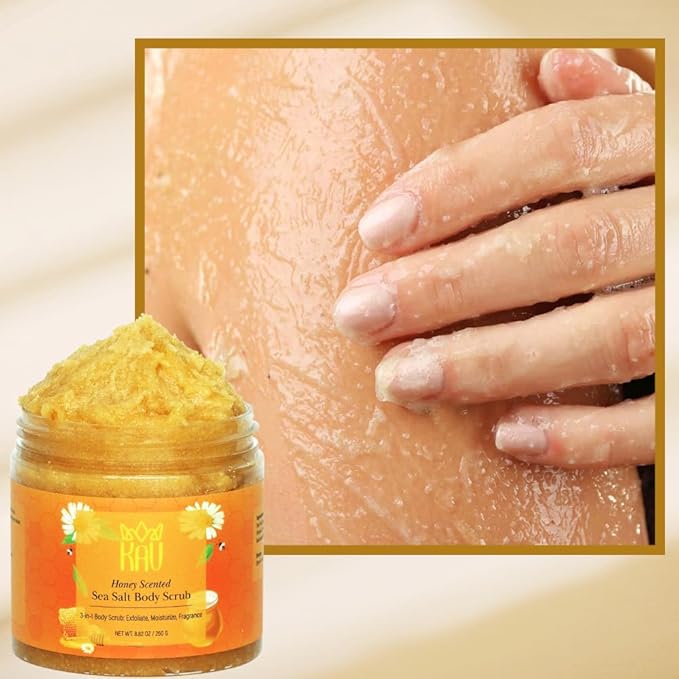 KAV Salt Body Scrub - Natural Exfoliating Salt Scrub for Body and Face, Helps with Moisturizing Skin, Dead Cell Removal, Rejuvenation and Relaxation, 4 Scents (Honey)