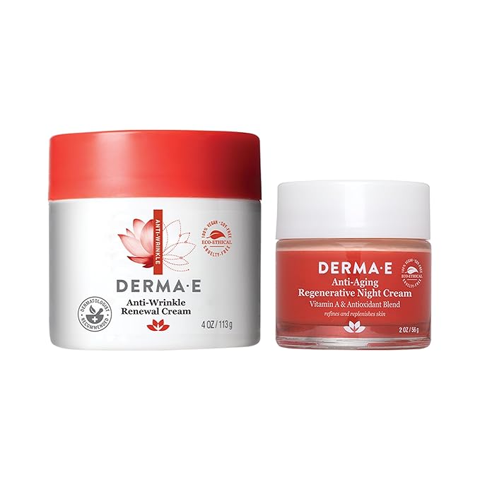 Derma E Anti-Wrinkle Renewal Skin Cream – Vitamin A Wrinkle Treatment Cream, 4 oz, + Anti-Aging Regenerative Night Cream – Firming Astaxanthin Moisturizer for Face, 2 oz