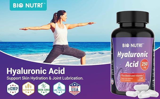 Hyaluronic Acid Supplements - 250mg Pure Hyaluronic Acid with Vitamin C & Biotin - Hyaluronic Acid Capsules for Skin, Hair & Joint Support - 240 Capsules