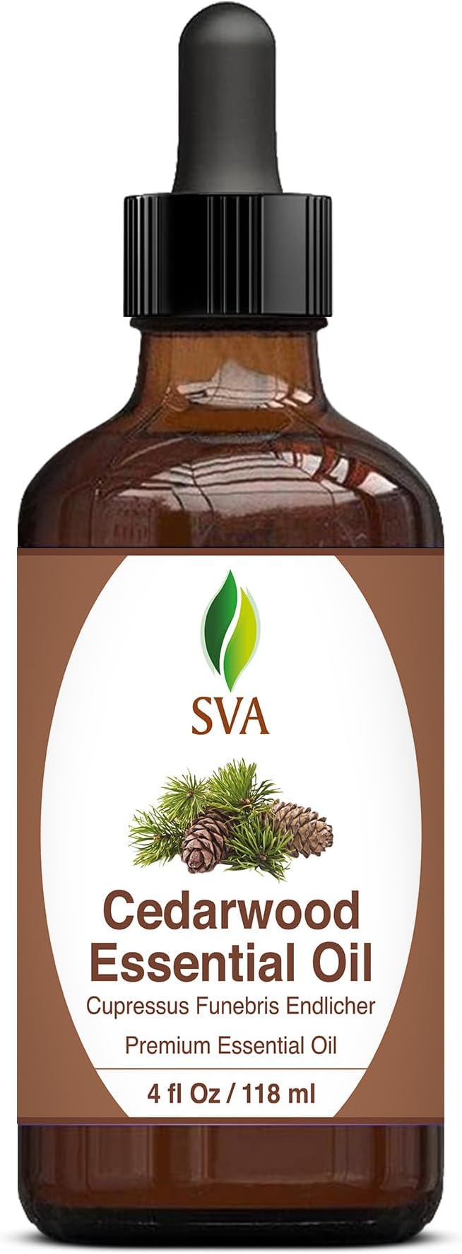 SVA Cedarwood Essential Oil – 4 Fl Oz – 100% Natural Cedar Cupressus Funebris Oil - for Diffuser, Hair Care, Face, Skin Care, Aromatherapy, Scalp and Body Massage, Soap and Candles - with Dropper