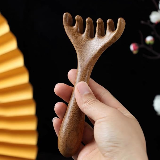 Golden Sandalwood Massager Tool Eye Massage Device Scalp Gua Sha Wooden Comb Forehead Massage Tools with Gift Box (6 Claws)