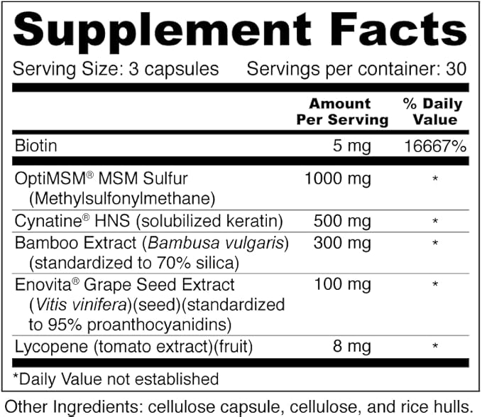 Wellness Resources Hair, Skin & Nails with Biotin, Cynatine HNS Keratin, OptiMSM, Bamboo & Grape Seed Extract – Supplement for Stronger Nails, Healthier Hair & Youthful Skin (90 Capsules)