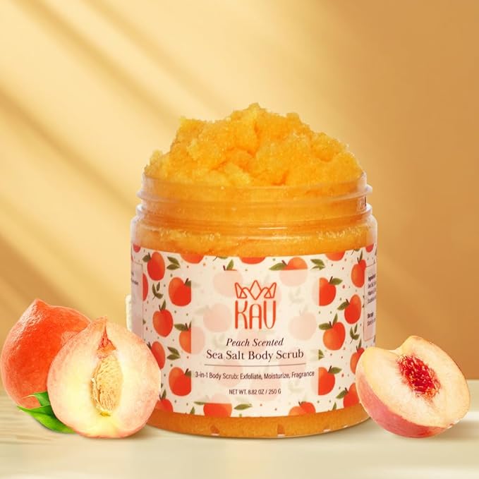 KAV Salt Body Scrub - Natural Exfoliating Salt Scrub for Body and Face, Helps with Moisturizing Skin, Dead Cell Removal, Rejuvenation and Relaxation, 4 Scents (Peach)