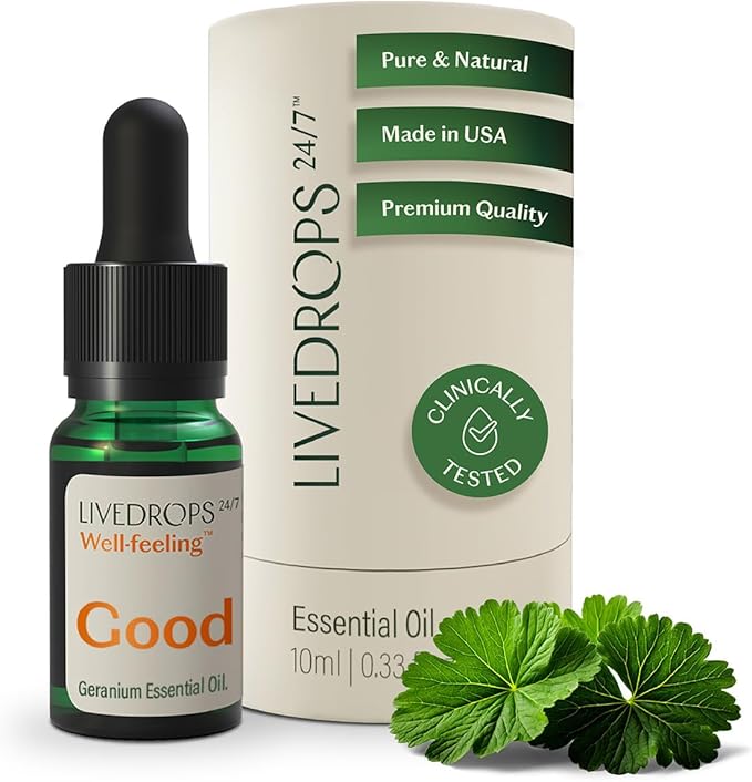 LIVEDROPS 24/7 Good Geranium Essential Oil - Sublime Scent of Geranium - Crafted in France - Pure & Natural - Aromatherapy - Dilute in Carrier Oil for The Skin or use in a Diffuser