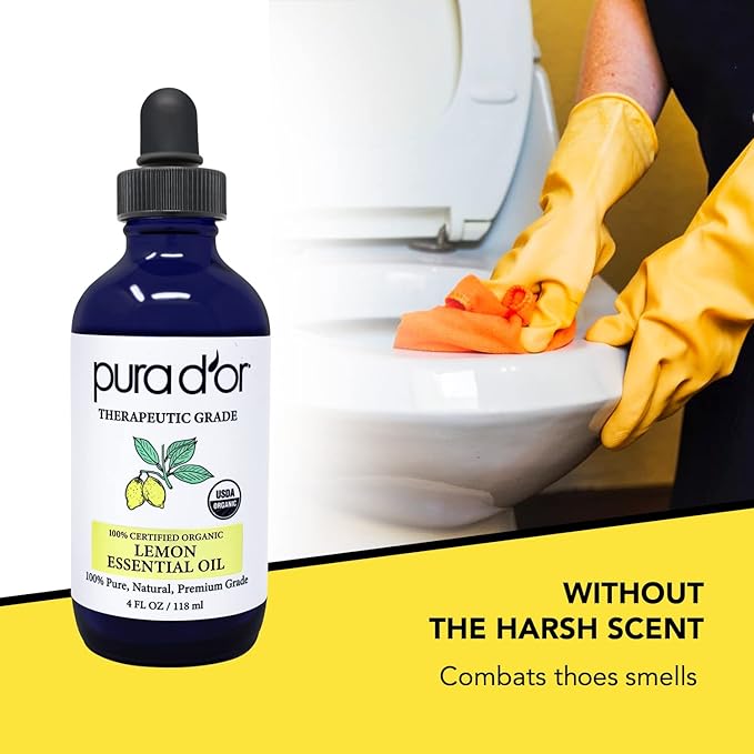 PURA D'OR Organic Lemon Essential Oil (4oz with Glass Dropper) USDA Certified 100% Pure & Natural Therapeutic Grade Diffuser Oil Citrus Scented for Aromatherapy, Mood Uplift, Energy, Focus