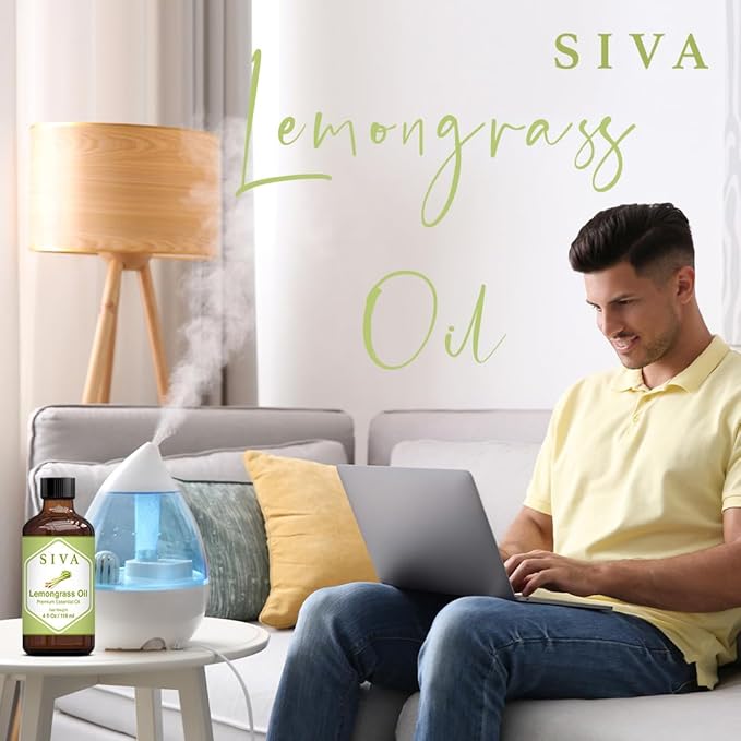 SIVA Lemongrass Essential Oil - 4 Fl Oz – Natural Lemongrass Oil - for Diffuser, Face, Skin Care, Aromatherapy, Hair Care, Scalp and Body Massage - with Dropper