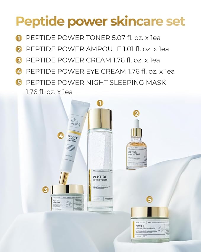 BOM COSMETICS A Set of Peptide Power Skincare With 5 Kinds of Items (Toner, Ampoule, Cream, Eye Cream, Sleeping Mask), 24K Gold & Pentapeptide for Skin Collagen Boost, Korean Skincare