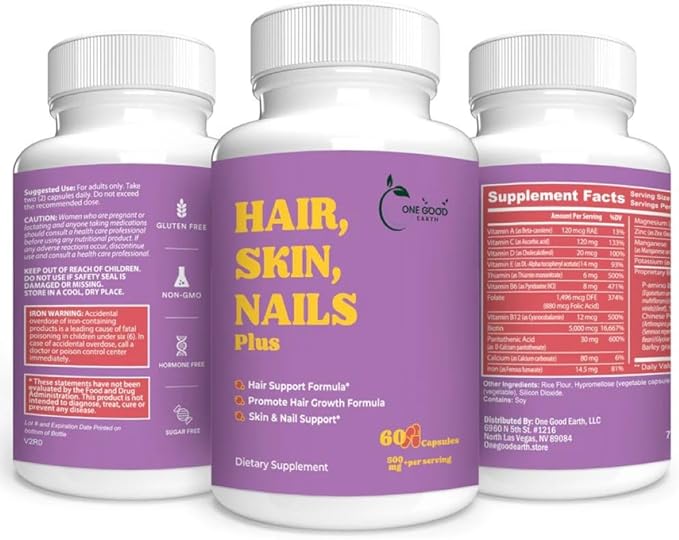 Hair, Skin & Nails Plus (60 Capsules) 500mg+ with Biotin, Vitamins & Minerals, Saw Palmetto with Vitamins A, C, D and E