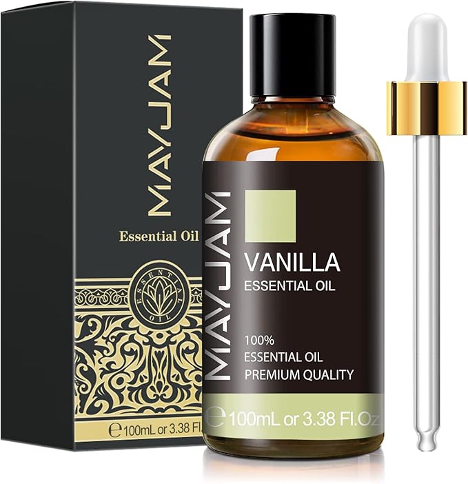 Vanilla Essential Oil 100ml, MAYJAM Premium Essential Oils for Aromatherapy, Diffuser, Soap Making, Candle Making, Large Bottle Vanilla Oil with Gift Box(3.38fl.oz)