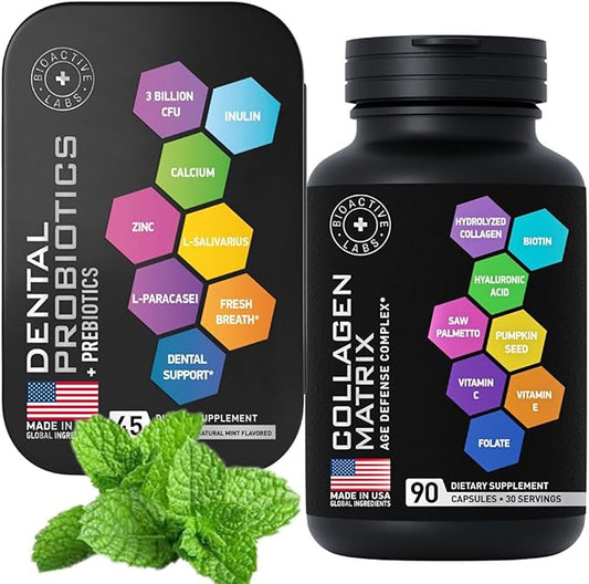 Dental Probiotic in a Travel Tin and Age Defense Collagen Matrix Beauty and Health Bundle