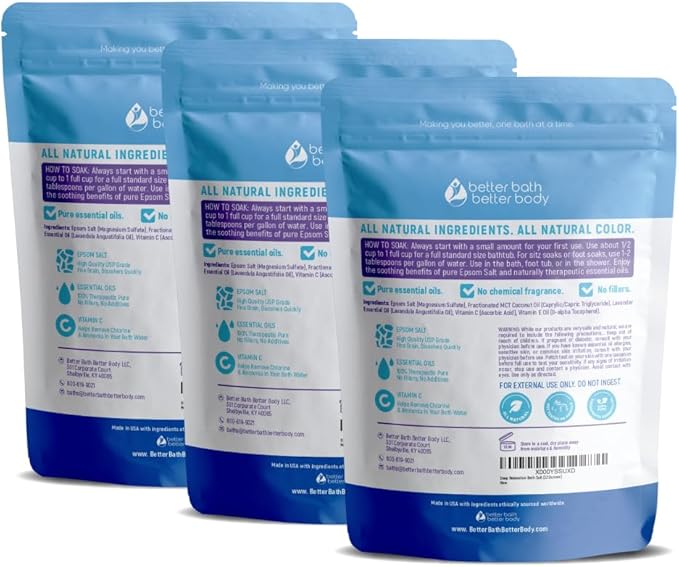 Deep Relaxation Bath Salt (3 Pack Plus Scoop) Relaxing Bath Soak with Pure Lavender Essential Oil in BPA Free Pouch with Press Lock Seal Made in USA 3 Pack of 2 Lbs 6 Lbs Total