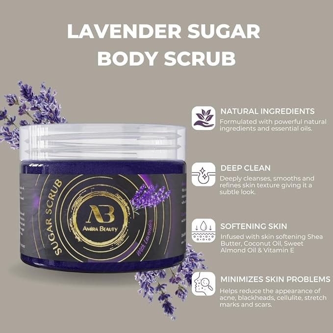 Amira Beauty Lavender Sugar Body Scrub Exfoliating Ultra Hydrating Moisturizing Scrub - Fights Cellulite & Stretch Marks (14oz)
