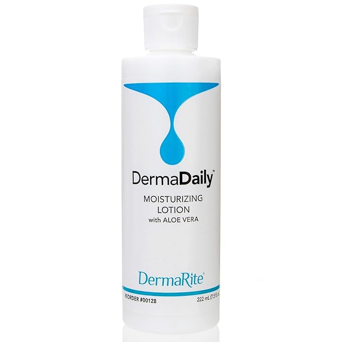 DermaRite's DermaDaily Moisturizing Lotion for Hand and Body - Daily Use Skin Moisturizer with Aloe Vera, Non-Greasy Formula - 7.5 oz. Bottle, 48 Count