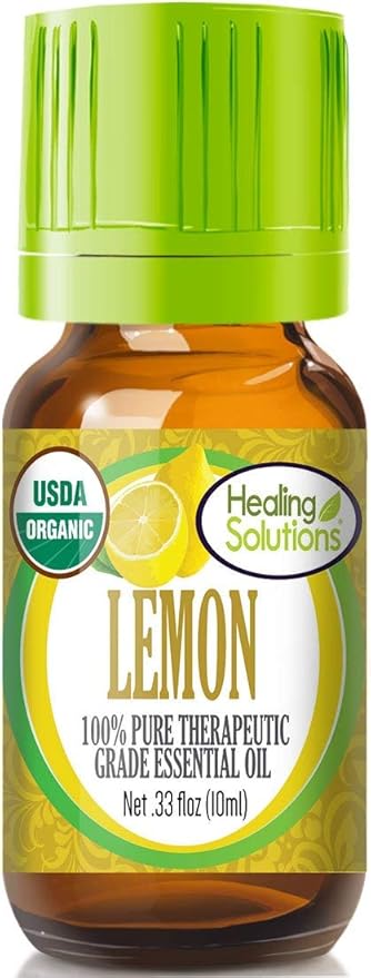 Healing Solutions Lemon Essential Oil (0.33 oz / 10ml) – Organic, Pure, Undiluted – for Cleaning, Diffuser, & Aromatherapy – Lemon Therapeutic Essential Oil
