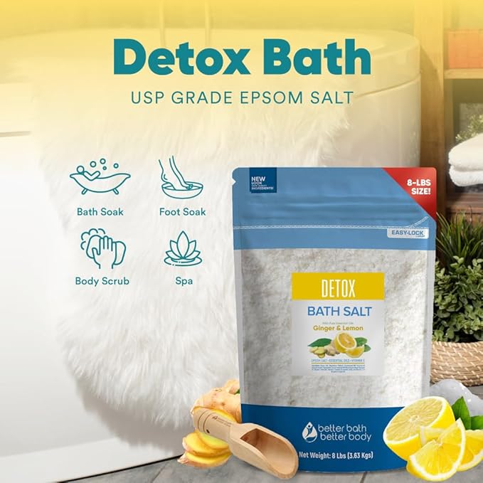 Detox Bath Salt 128 Ounces Epsom Salt with Natural Ginger and Lemon Essential Oils Plus Vitamin C in BPA Free Pouch with Easy Press-Lock Seal