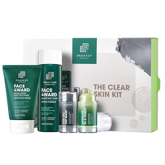 Mens 4-Piece Skin Kit for Clearer Skin, Targets Blemishes, Vegan Formula with Daily Face Wash, Clarifying Toner, Purifying Mask & Moisturiser Stick. Aka. SHAKEUP CLEAR SKIN KIT
