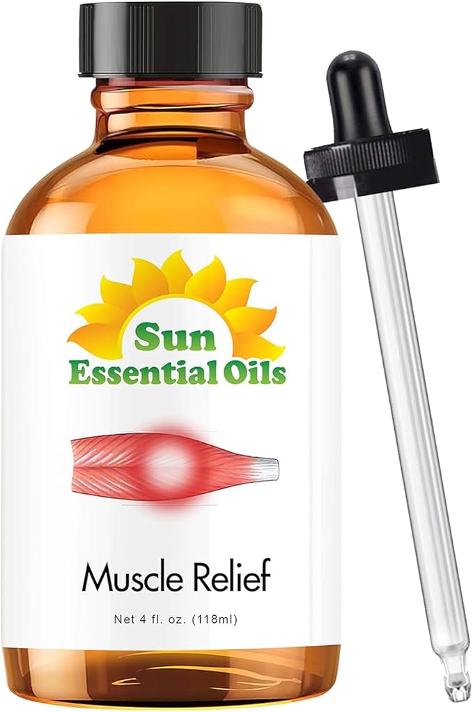 Sun Essential Oils Deep Muscle Relief Blend Oil (Huge 4 Ounce Bottle) Bulk - Sore Muscle Massage Oil - Muscle Ease Essential Oil Blend - Aromatherapy Oils