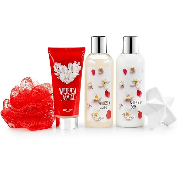 Freida & Joe Fragrance Bath & Body Collection Gift Box, Includes Shower Gel, Body Lotion, Body Scrub, Bath Bomb & Sponge (White Rose Jasmine)