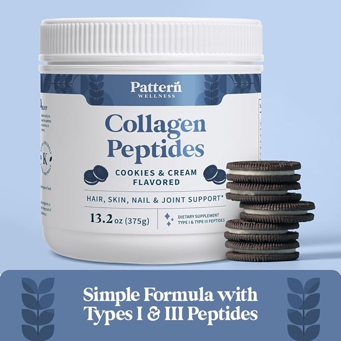 Pattern Wellness Collagen Peptides Powder (Type I & III) - Hair, Nails, Skin and Joint Health - Grass Fed & Pasture Raised - Hydrolyzed Collagen, Non-GMO, Dairy Free, & Keto - Cookies & Cream (13 Oz)