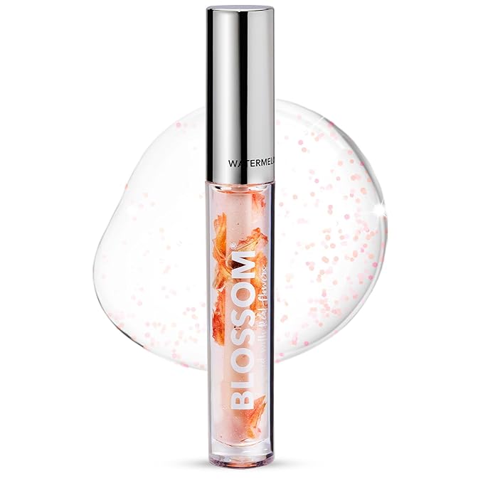 Blossom Lip Gloss & Lip Oil with Olive Oil + Grape Seed Oil, Moisturizing and Hydrating Shimmer Sparkle, Infused with Real Flowers, 3g, Watermelon