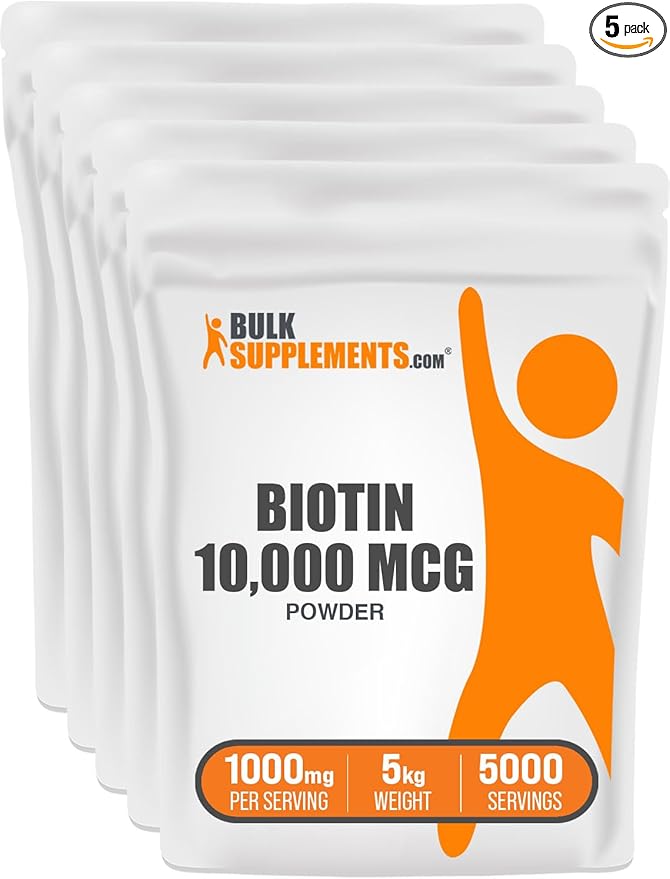 BulkSupplements.com Biotin 10000mcg Powder - Vitamins for Hair, Skin and Nails - as Vitamin B7, Gluten Free, 1000mg per Serving (10mg Biotin), 5kg (11 lbs) (Pack of 5)
