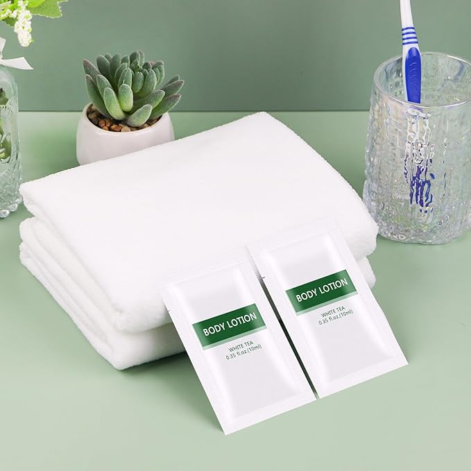 200 pack Travel Size Body Lotion Bulk Individually Wrapped - Refreshing Mini Lotion Single Use Supplies for Homeless Care Hotel Guests, White Tea Scent,0.35 fl oz/10ml