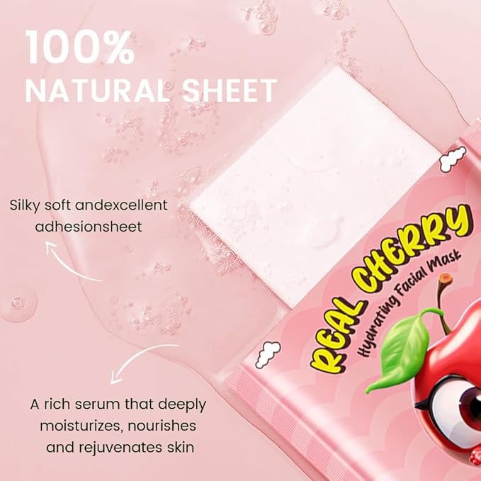 Kaely 10 Pack Cherry Face Masks for Kids, Kids Face Mask Spa Day kit Supplies, Spa Party Favors for Teens Girls Women, Sheet Facial Mask Skincare Gifts Set, Moisturize Soothe for All Skin Types, 06