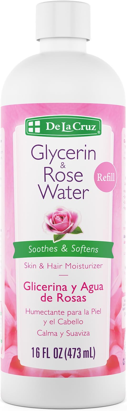 De La Cruz Rose Water and Glycerin for Face - Rosewater Facial Toner and Moisturizer for Skin and Hair Refill Bottle 16 fl oz. (473 mL) - 1 Bottle